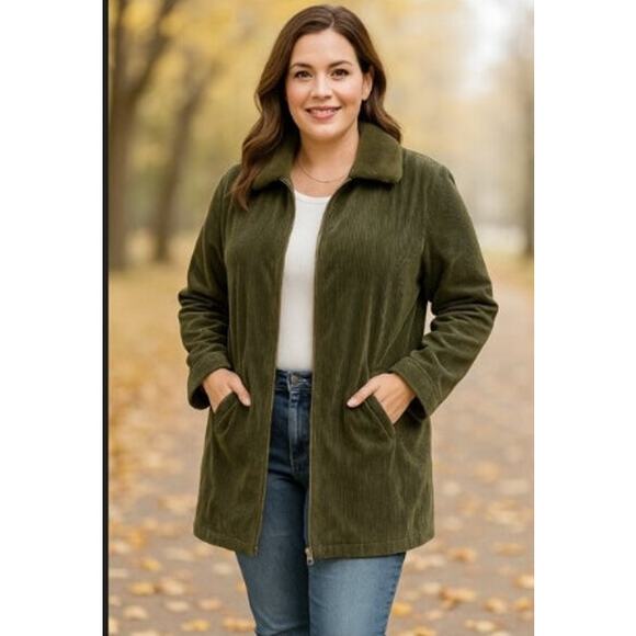 J. Jill Heritage Tumbled Corduroy Coat XL Green Zip Sherpa Trim Cotton Jacket - Picture 1 of 10